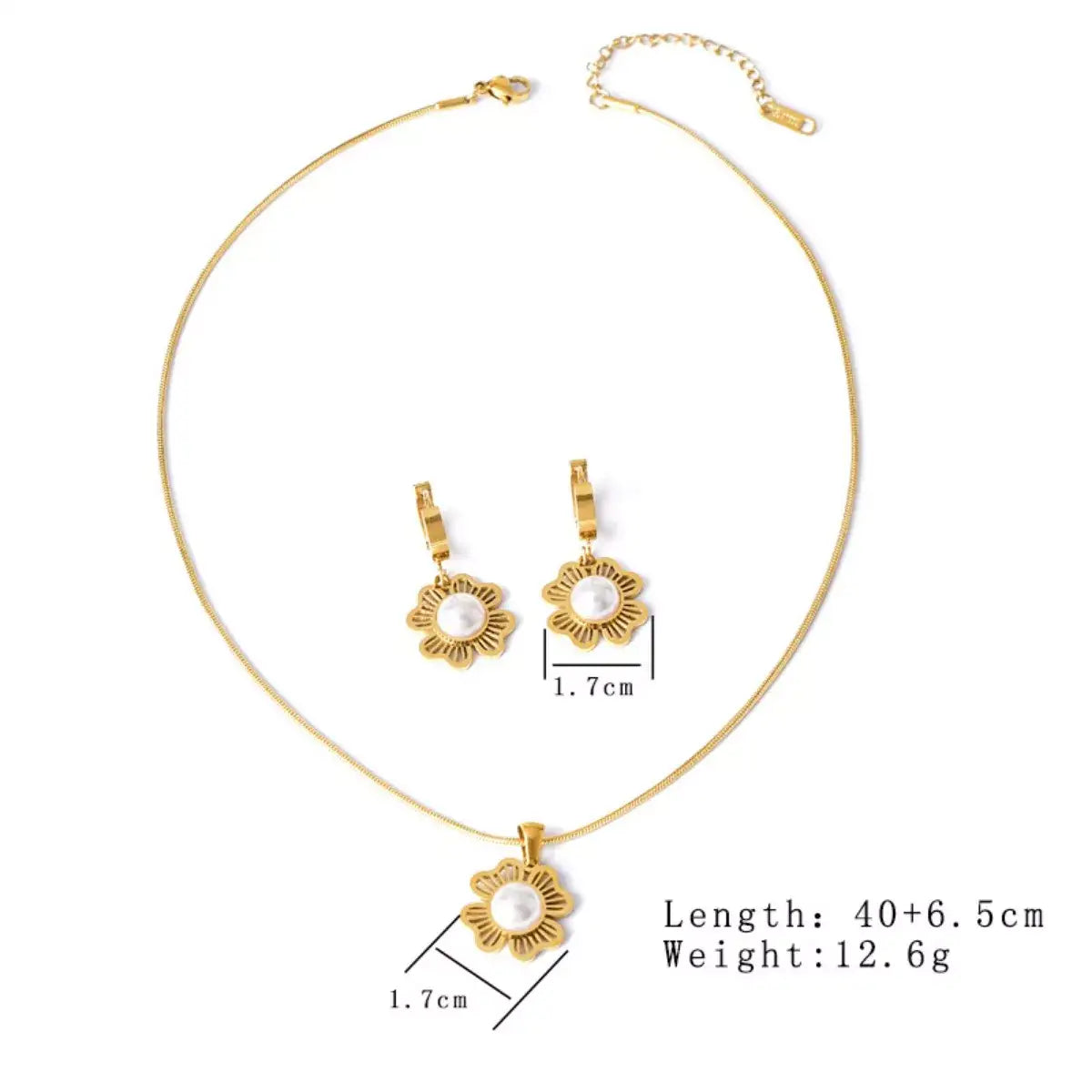 18K Gold-Plated flower pearl necklace and earring set by Evie's Dreamland