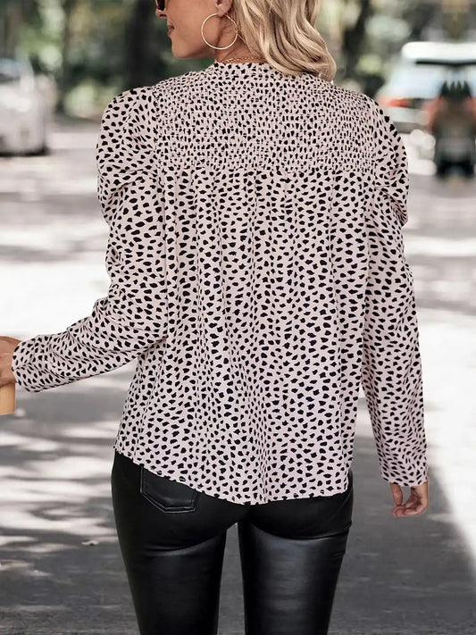 Perfee Printed Puff Sleeve Blouse Smocked Elegant Chic Top