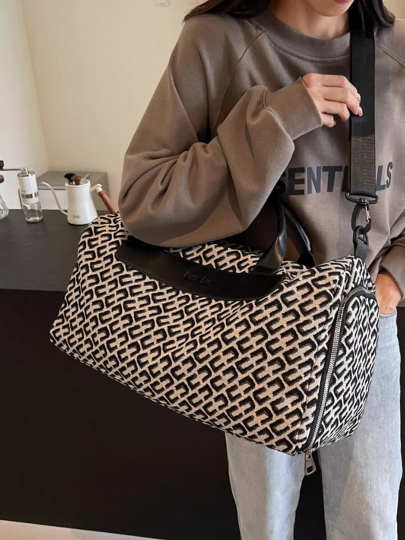 Geometric Pattern Travel Bag – Large Canvas Bag with Leather Accents