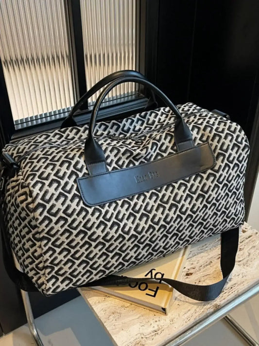 Geometric Pattern Travel Bag – Large Canvas Bag with Leather Accents