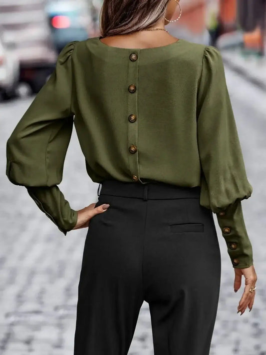 Round Neck Lantern Sleeve Blouse Casual Chic Elegant Top Women