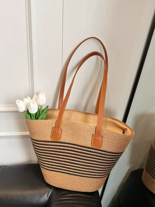 Striped Woven Straw Shoulder Bag – Summer Beach Tote