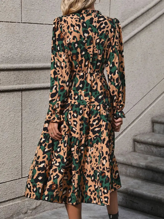 Leopard print flounce sleeve midi dress - side view