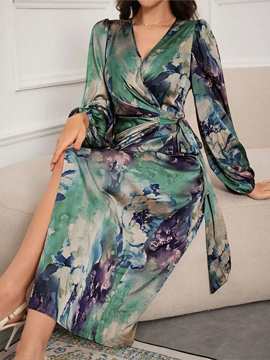 Green balloon sleeve midi dress with tie waist - side view