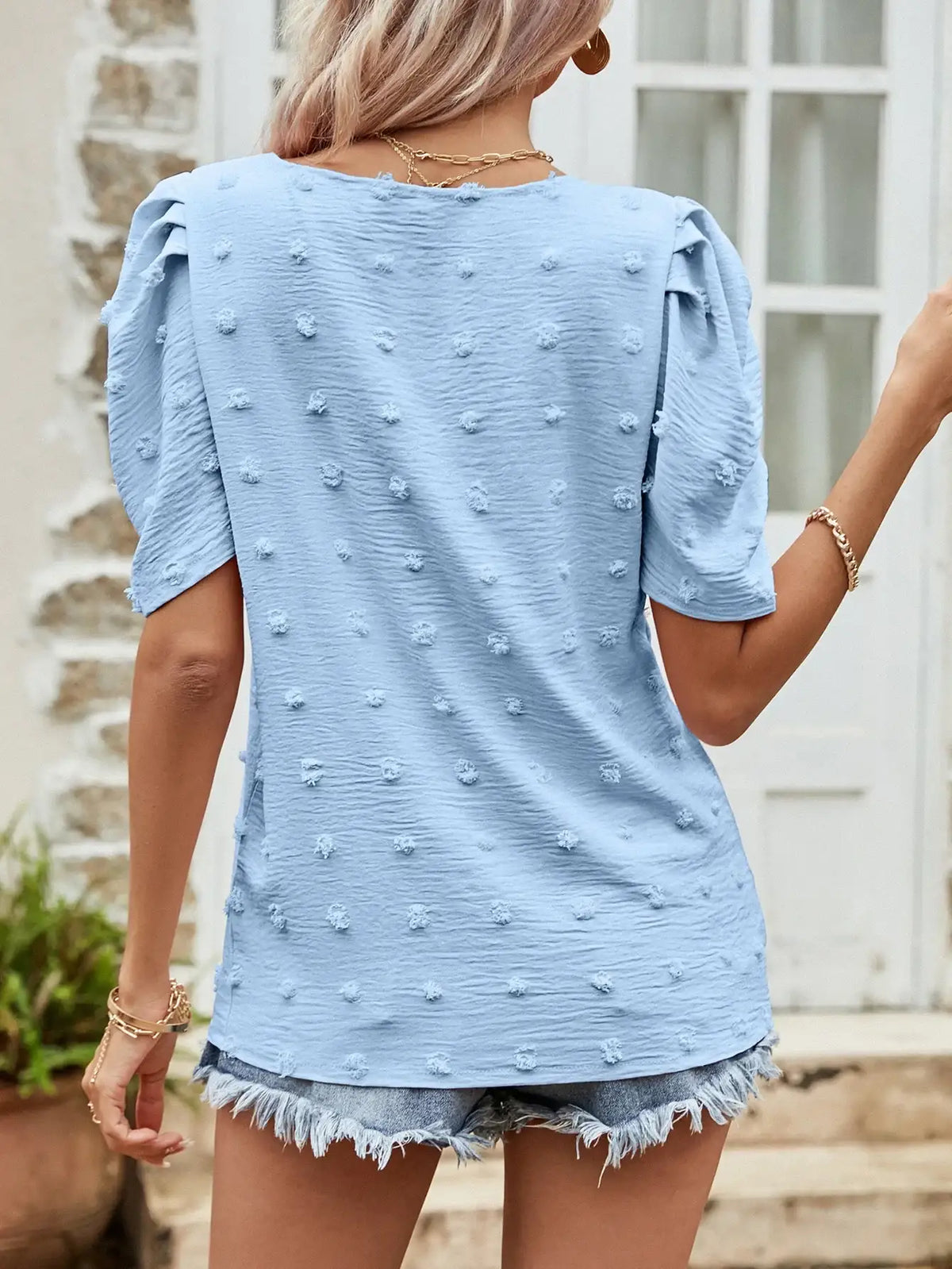 Swiss Dot Short Puff Sleeve Top with V-Neck