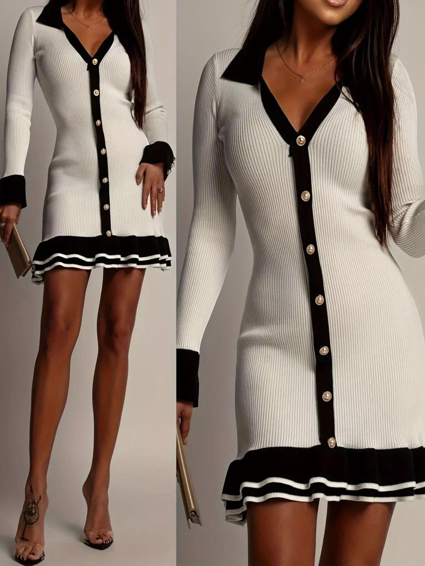 Woman wearing white ribbed knit mini dress with black trim, pearl buttons, and ruffle hem holding clutch