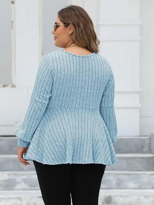 Plus Size Ribbed V Neck Long Sleeve Blouse Casual Chic Top
