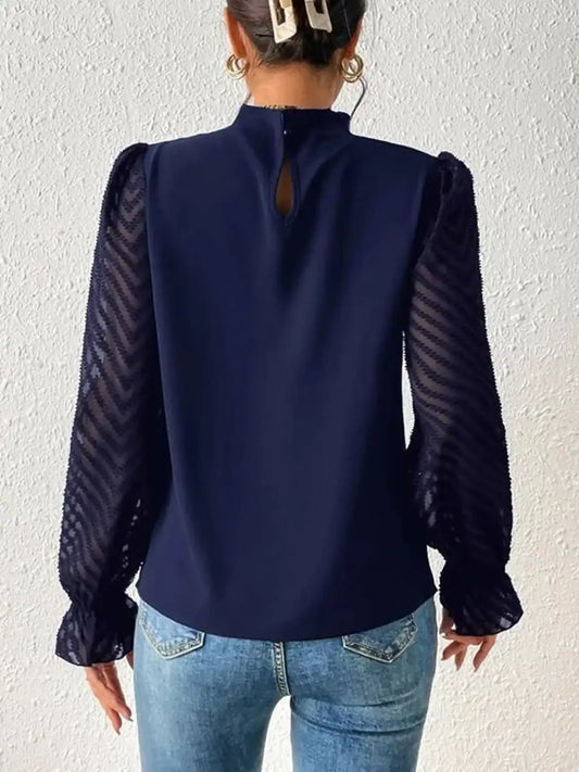 Mock Neck Ruffle Sleeve Blouse Semi Sheer Elegant Top Women