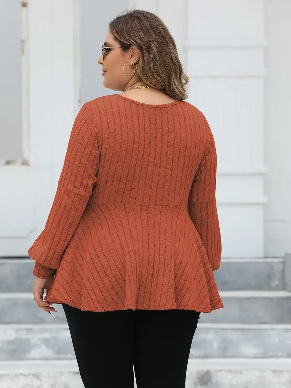 Plus Size Ribbed V Neck Long Sleeve Blouse Casual Chic Top