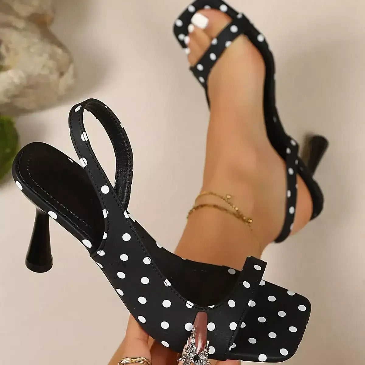 Polka Dot Open Toe Flare Heel Sandals – Women's Retro Summer Shoes