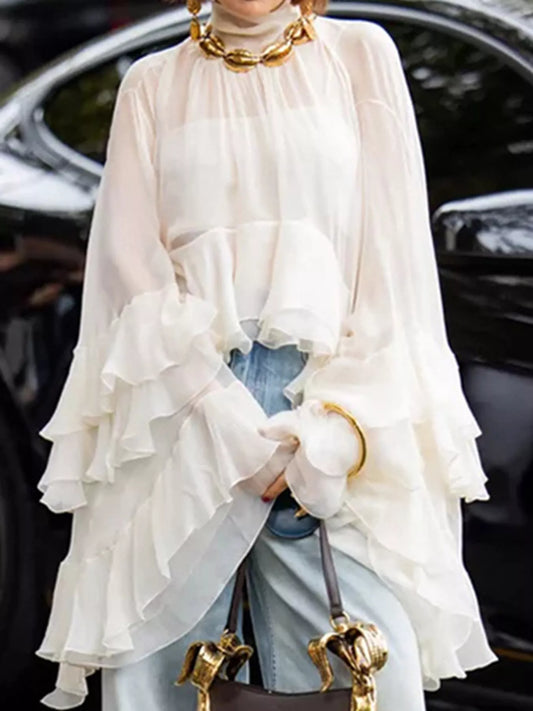 Off-white sheer ruffle turtleneck blouse - side view