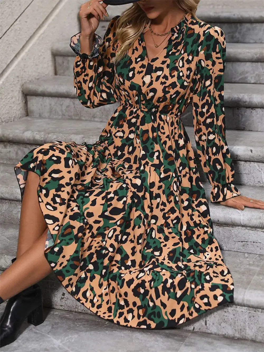 Leopard notched neckline midi dress styled look