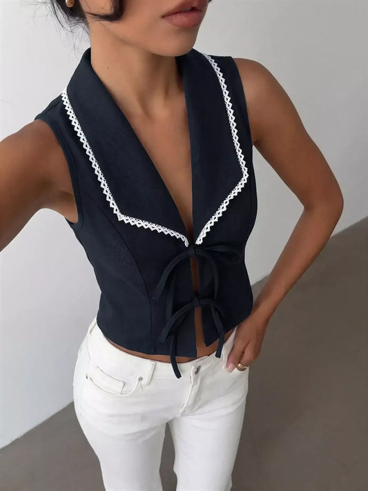 Lace Trim Tie Front Vest Feminine Coquette Chic Top Women