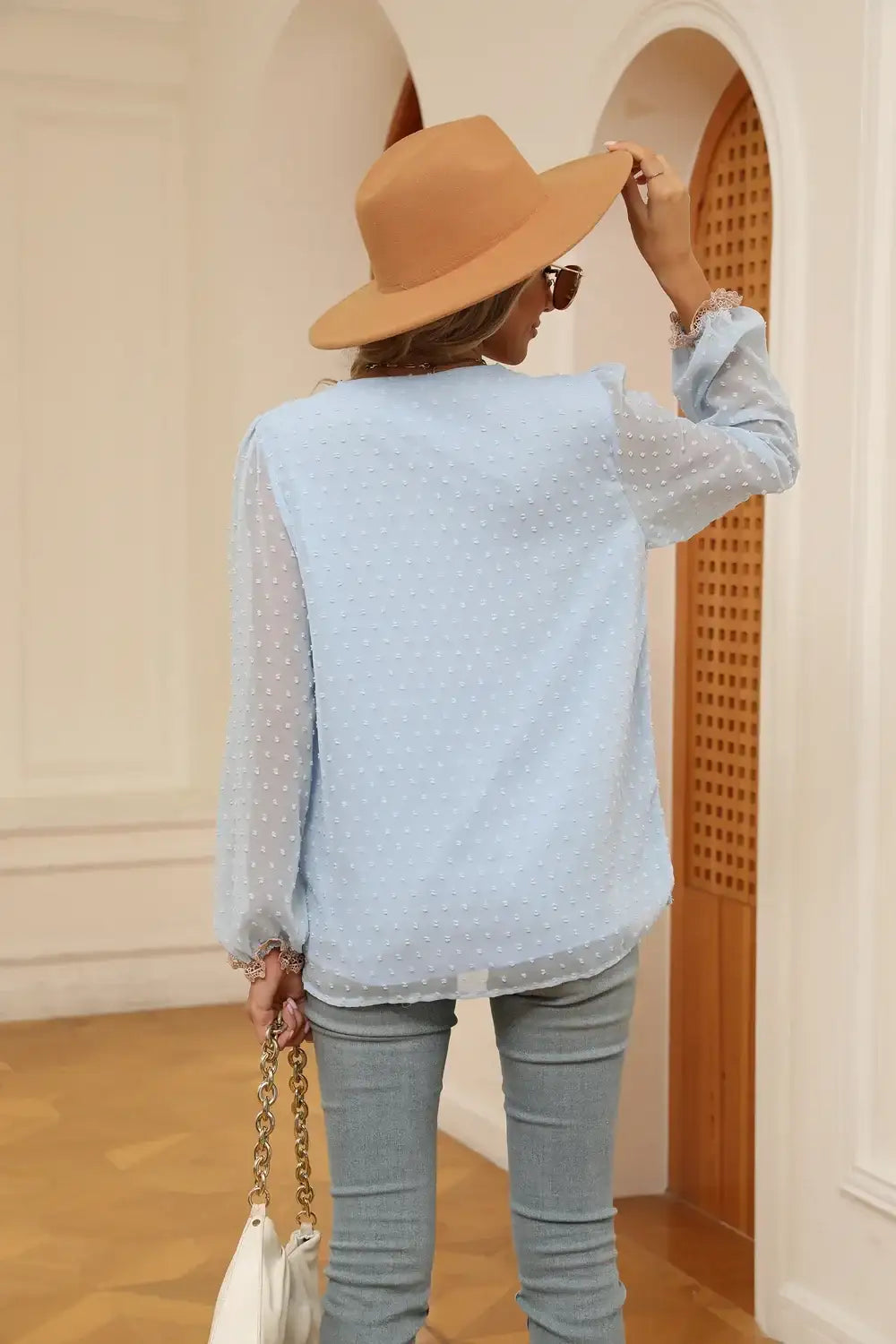 Swiss Dot Contrast V-Neck Blouse with Long Sleeves