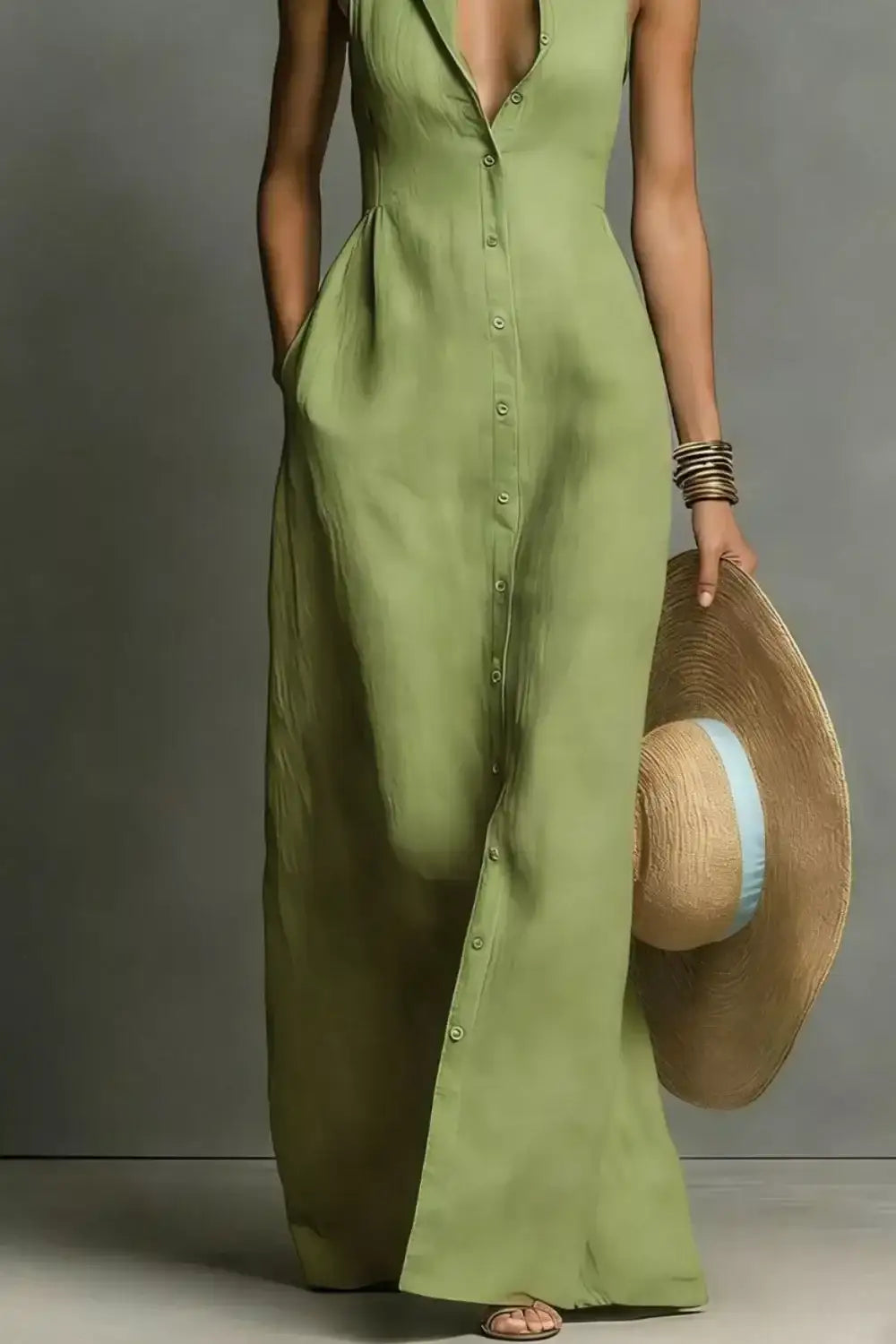 Sleeveless Button-Down Maxi Dress Elegant Flowy Women's Dress