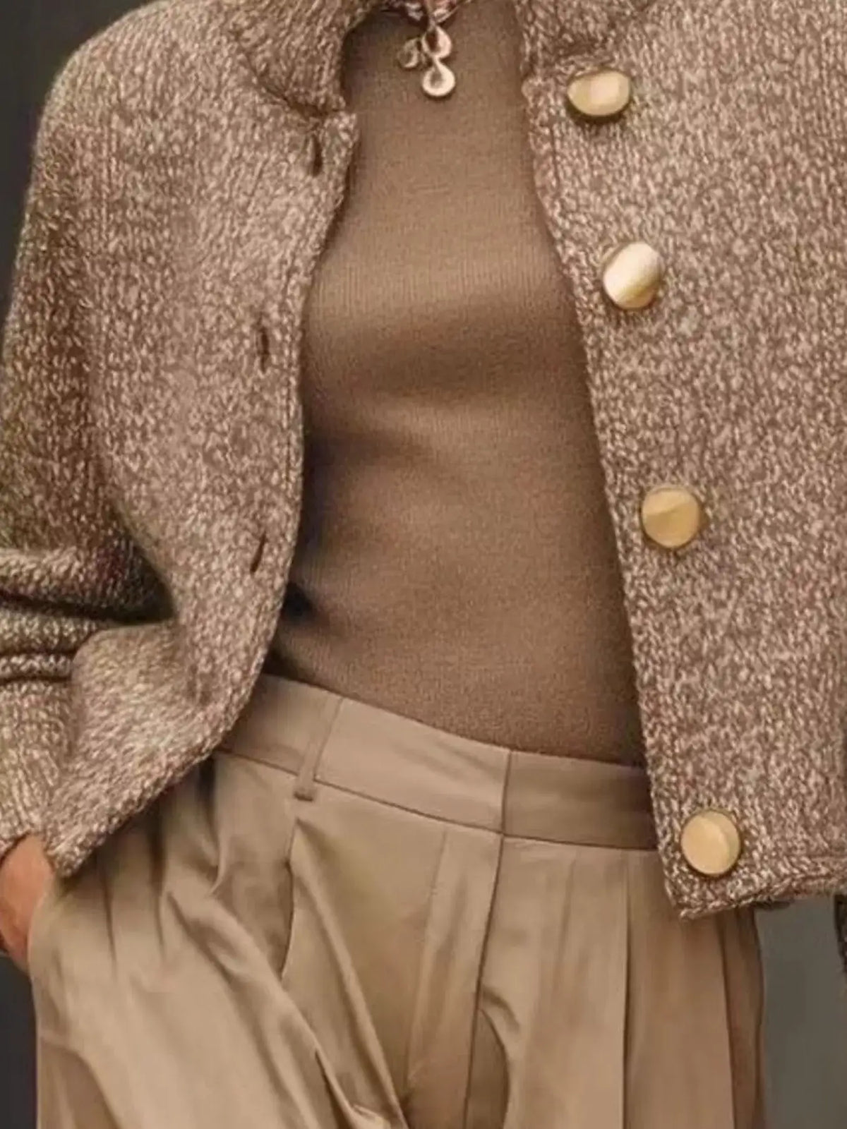 Taupe button-down long sleeve cardigan by Evie's Dreamland paired with a matching top and trousers.