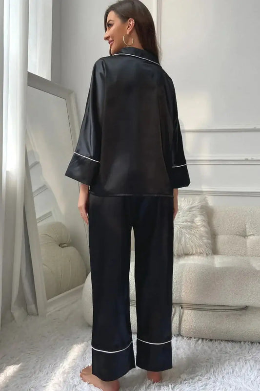 Women’s contrast piping pajamas set with lapel collar and dolman sleeves