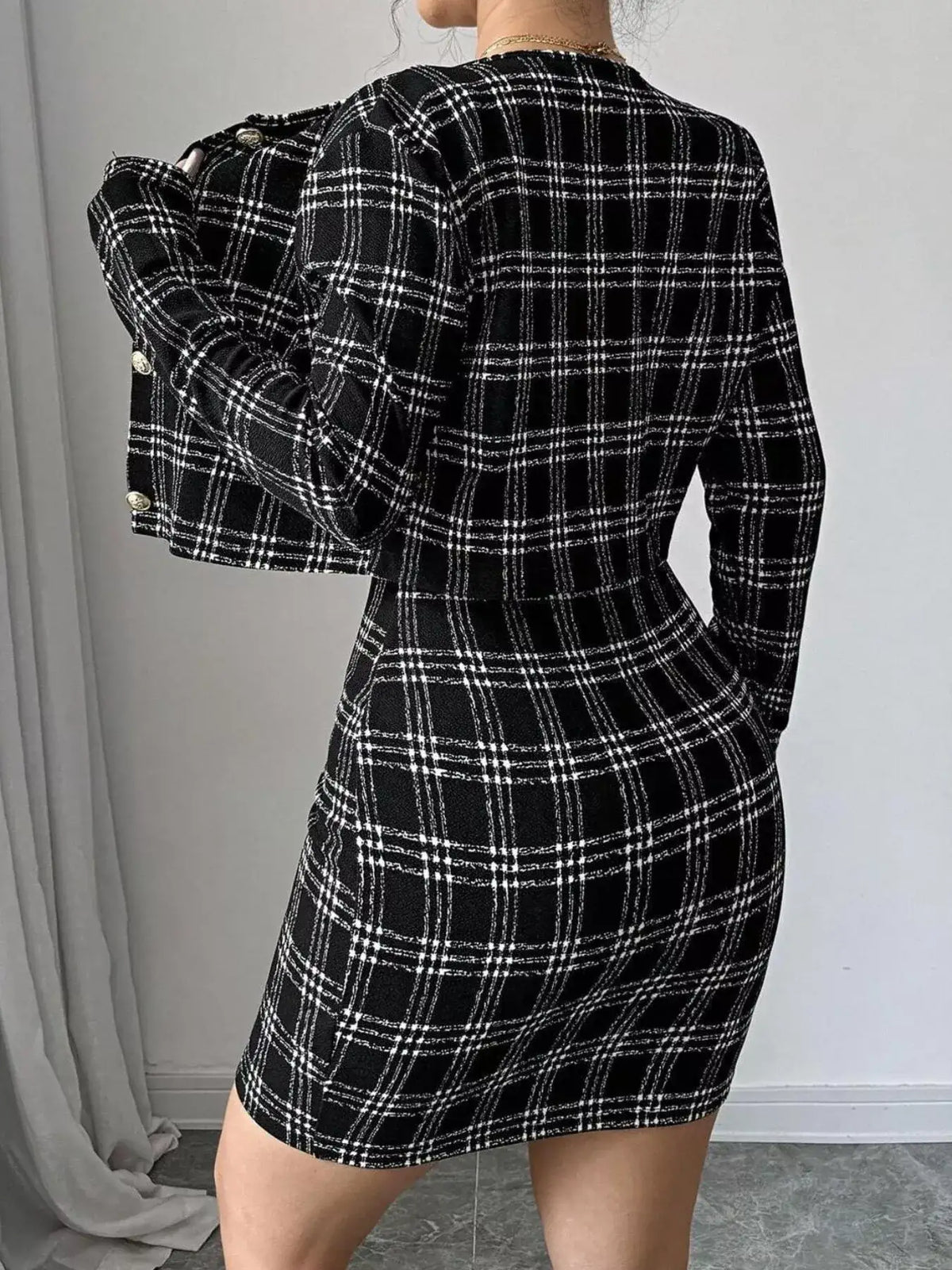 Elegant plaid tweed co-ord set styled for work and party looks