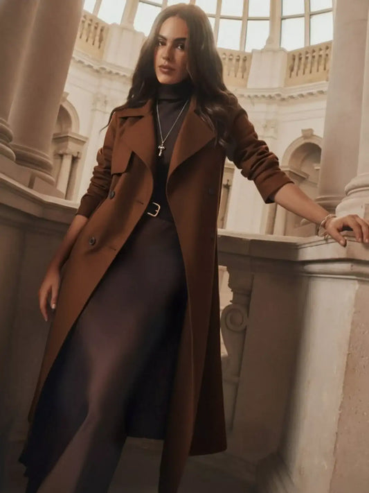 Brown wool blend trench coat with belt and double-breasted buttons, side angle view, women's fall outerwear