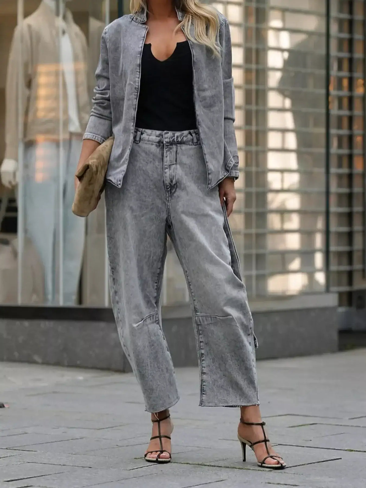 Long Sleeve Top & Wide Leg Jeans Denim Set