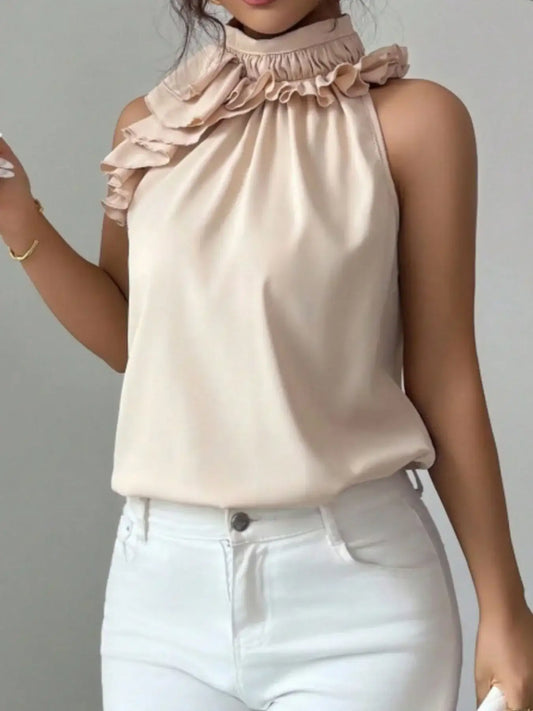 Ruffle High Neck Sleeveless Top Elegant Feminine Chic Blouse
