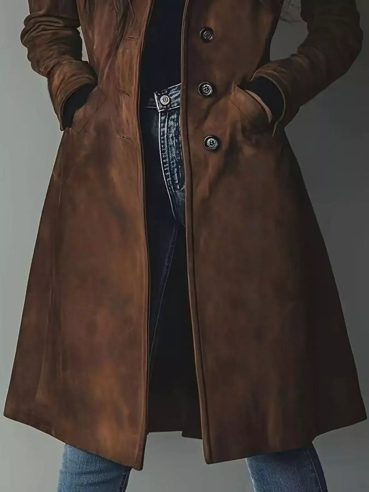 Classic longline brown trench coat for fall layering, side view