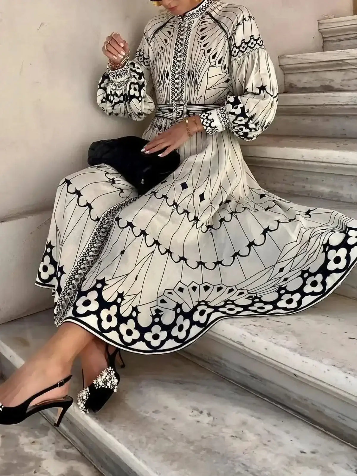 Printed Long Sleeve Shirt Dress with Button Front and Belt