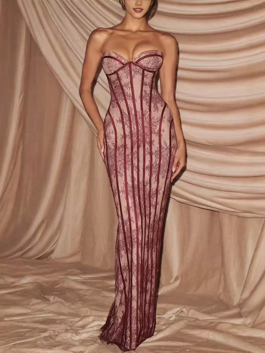Strapless lace-up back maxi dress with high slit, front view