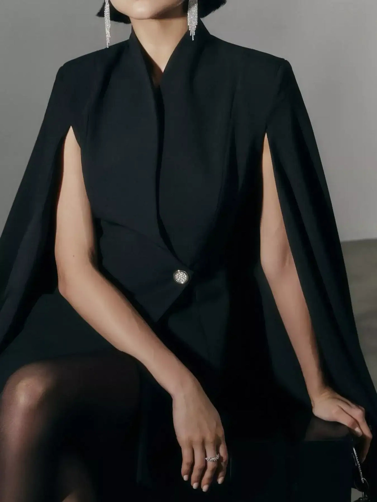 One Button Fitted Mini Blazer Dress with Cape Sleeves