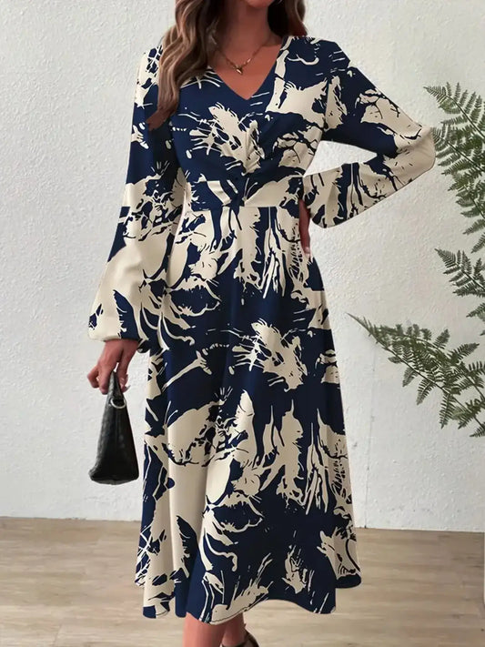 Indigo print long sleeve midi dress - side view