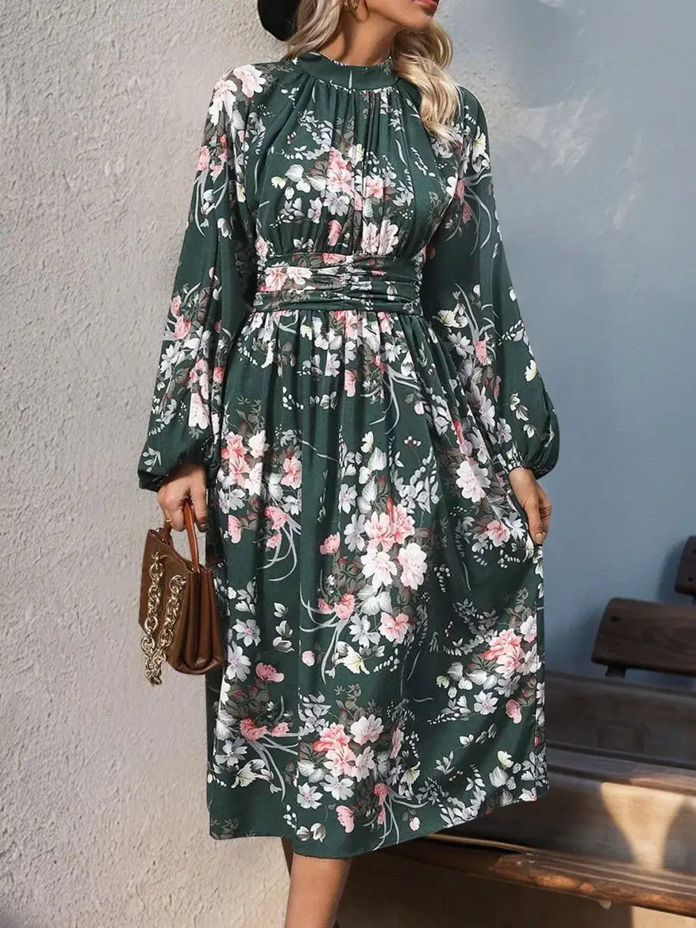 Green floral ruched midi dress with mock neckline - back view