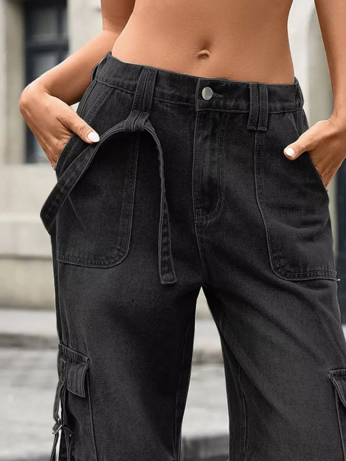 Wide Leg Cargo Jeans Washed Pocketed Streetwear Women