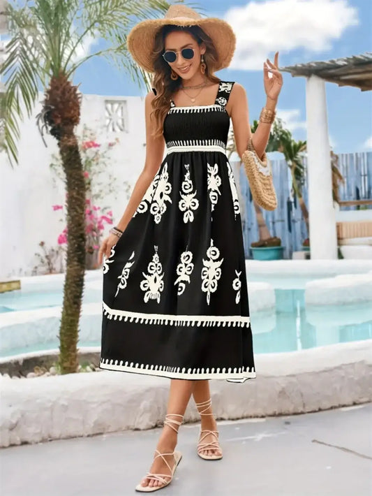 Printed Square Neck Midi Dress