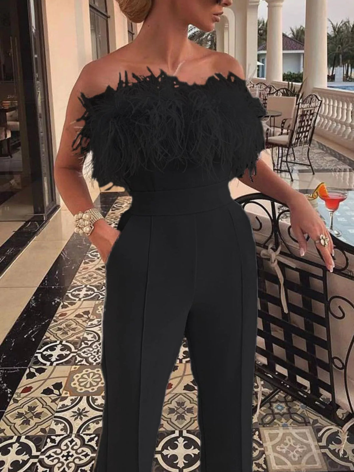 Strapless feather trim wide-leg party jumpsuit, full length