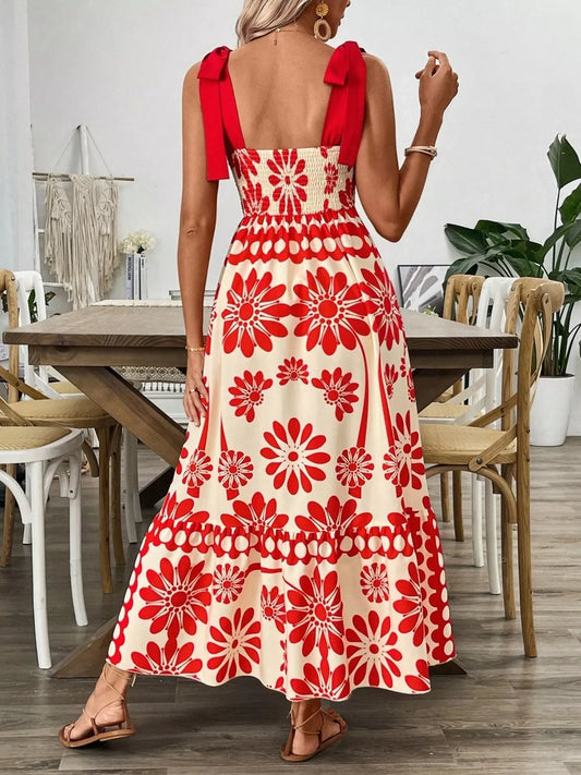 Red floral tie-shoulder midi dress with bow straps, front view