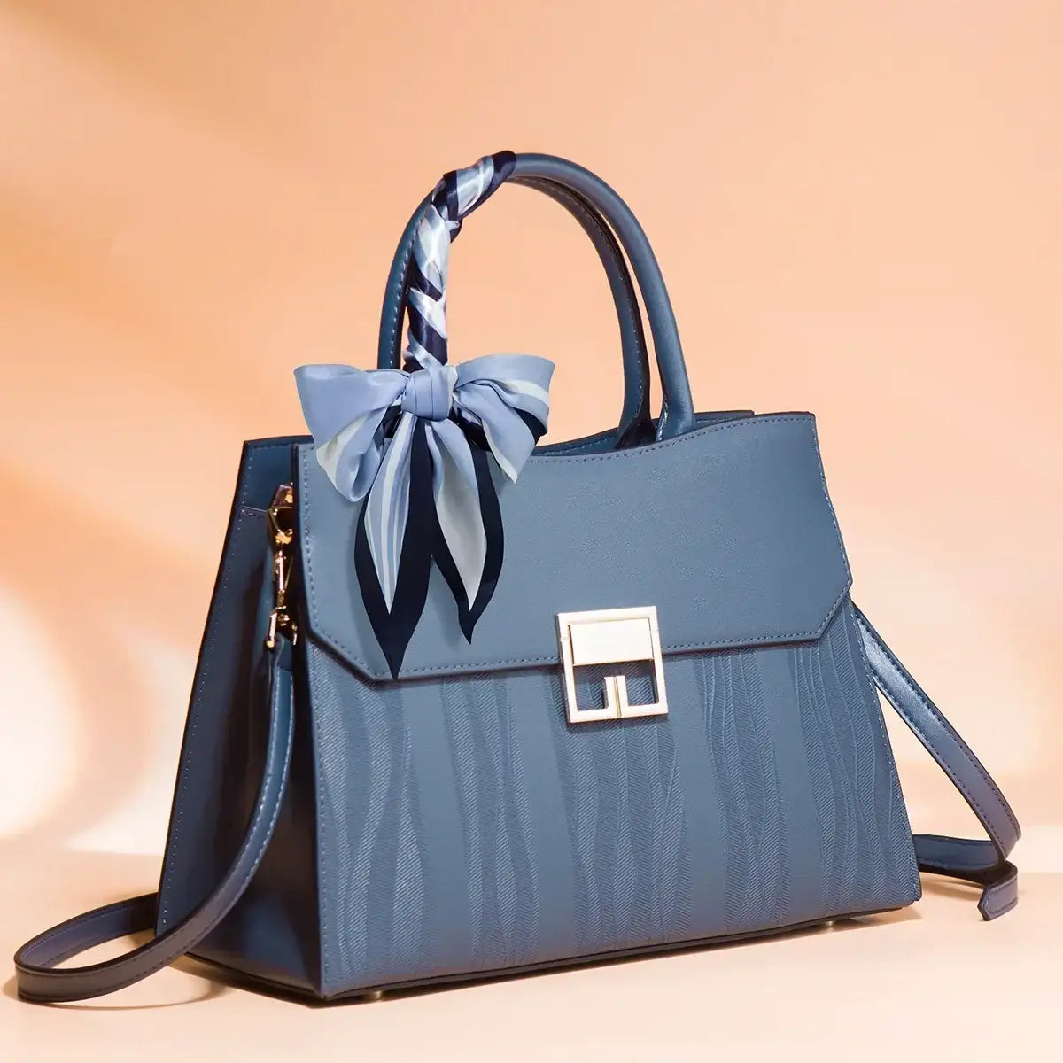 Scarf Decor Leather Handbag – Medium PU Elegant Handle Bag