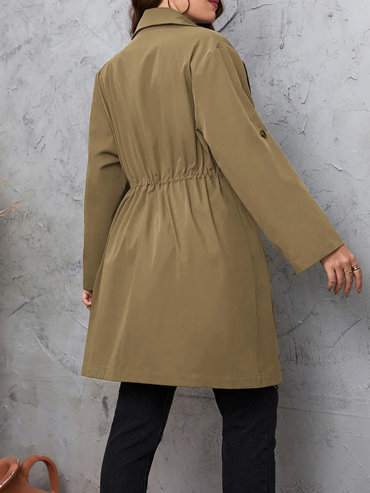 Plus Size Lapel Collar Drawstring Trench Coat