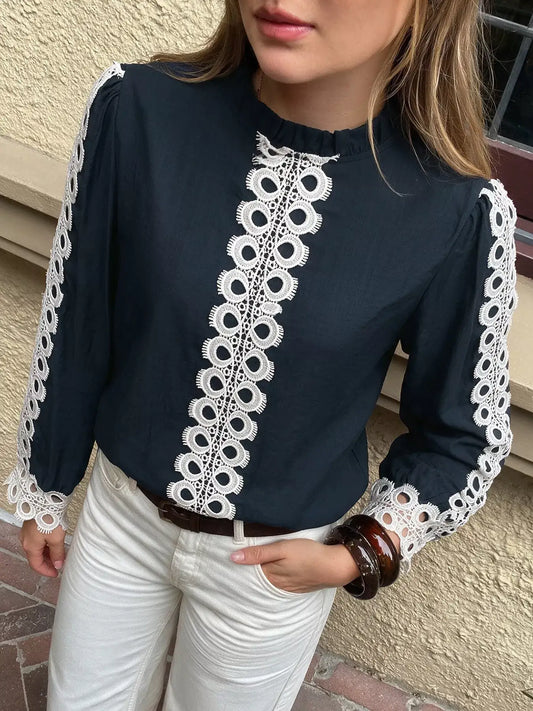 Navy button front lace blouse - side view
