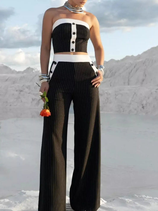 Evie's Dreamland black and white striped strapless crop top and wide-leg pants set.