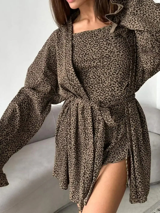 Leopard print cardigan, cami, and shorts 3-piece loungewear set with waist tie closure