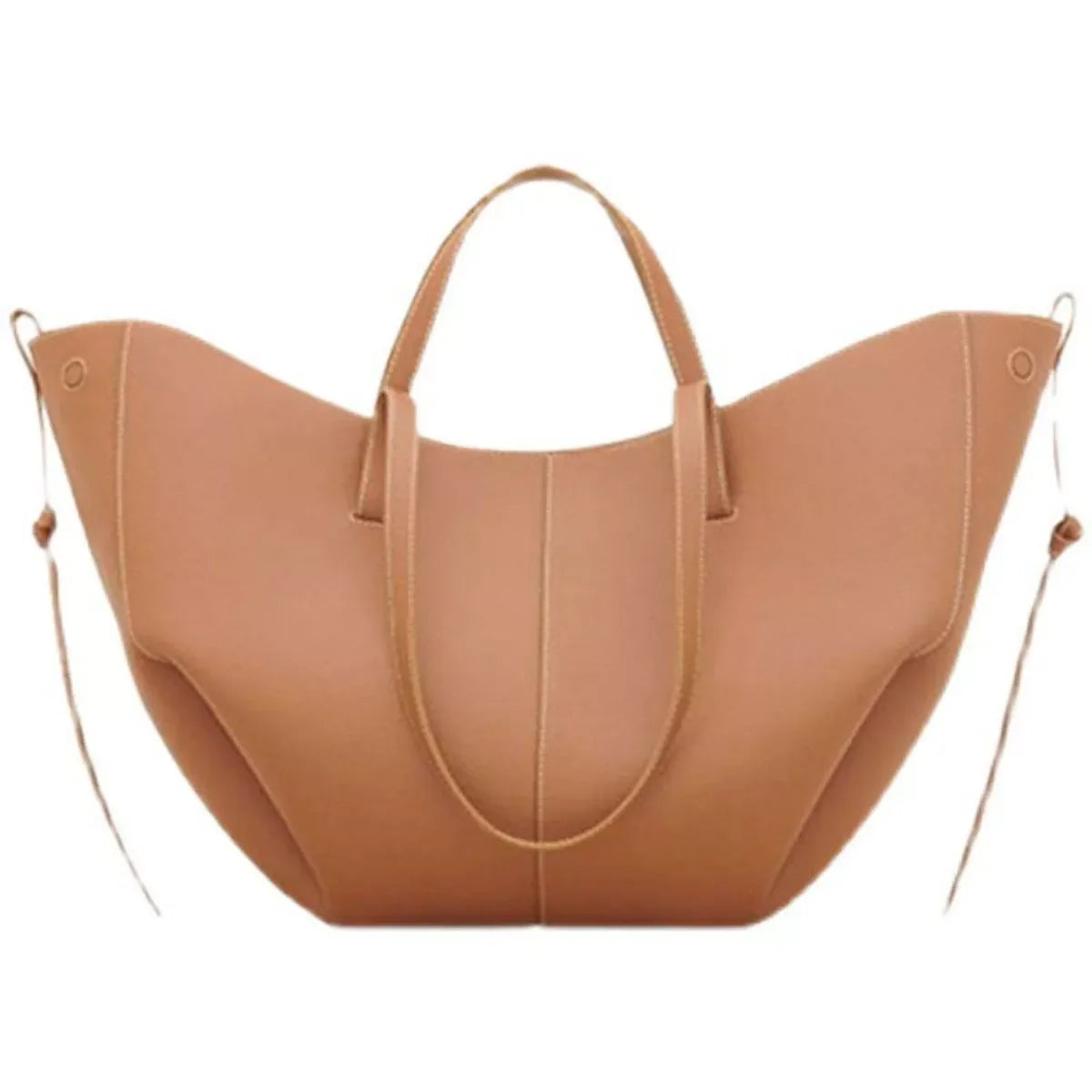 tan leather tote bag with wide sides and top handles on white background