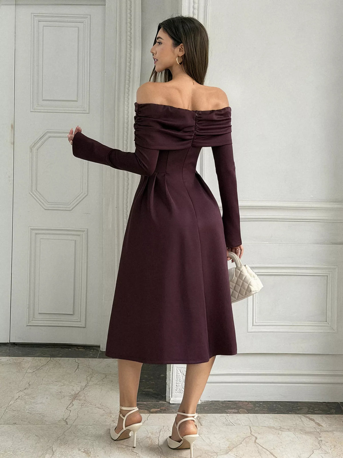 Coffee brown off-shoulder midi dress styled look