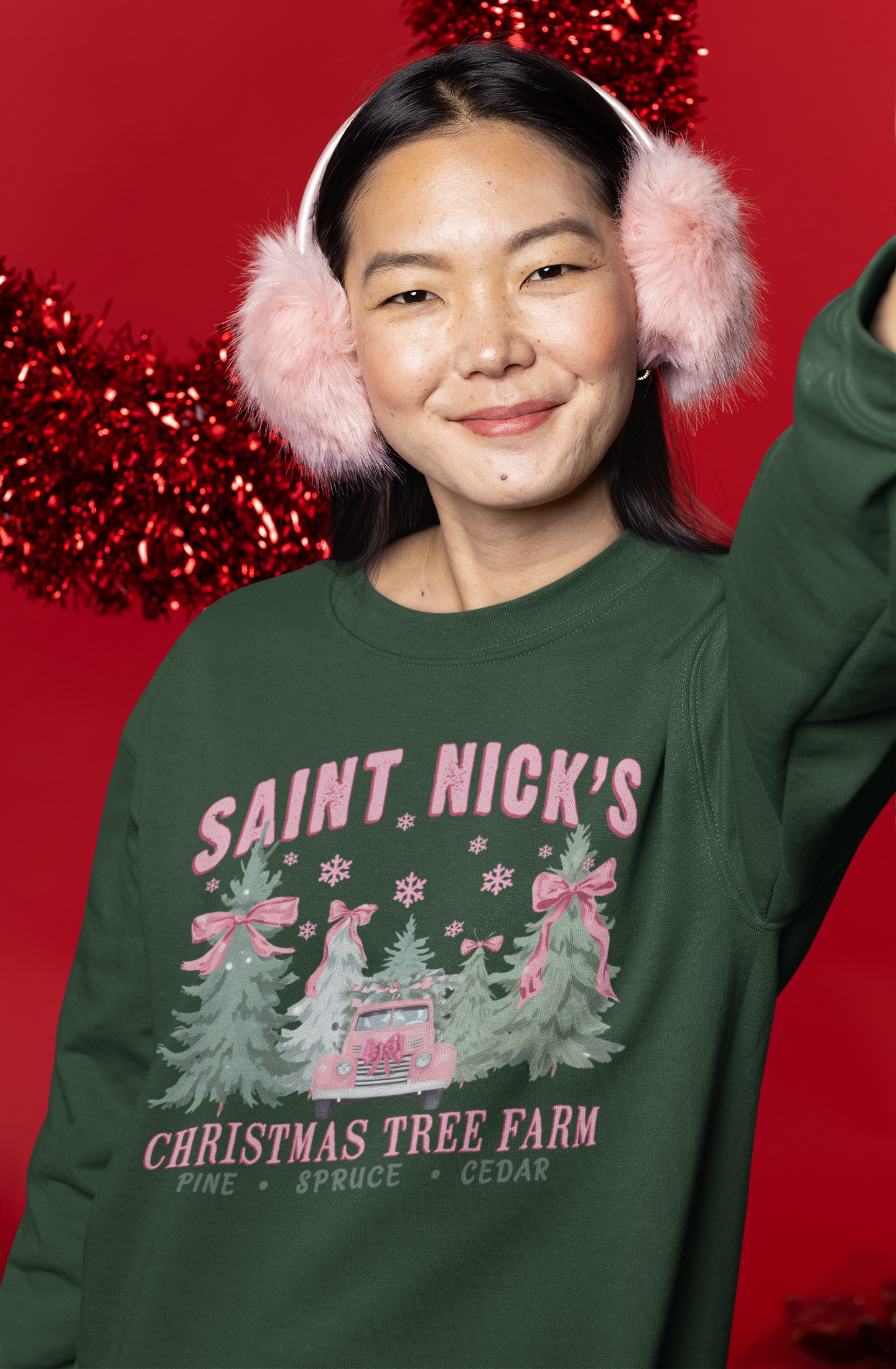 Saint Nick’s Christmas Tree Farm Sweatshirt – Vintage Pink Truck Holiday Pullover