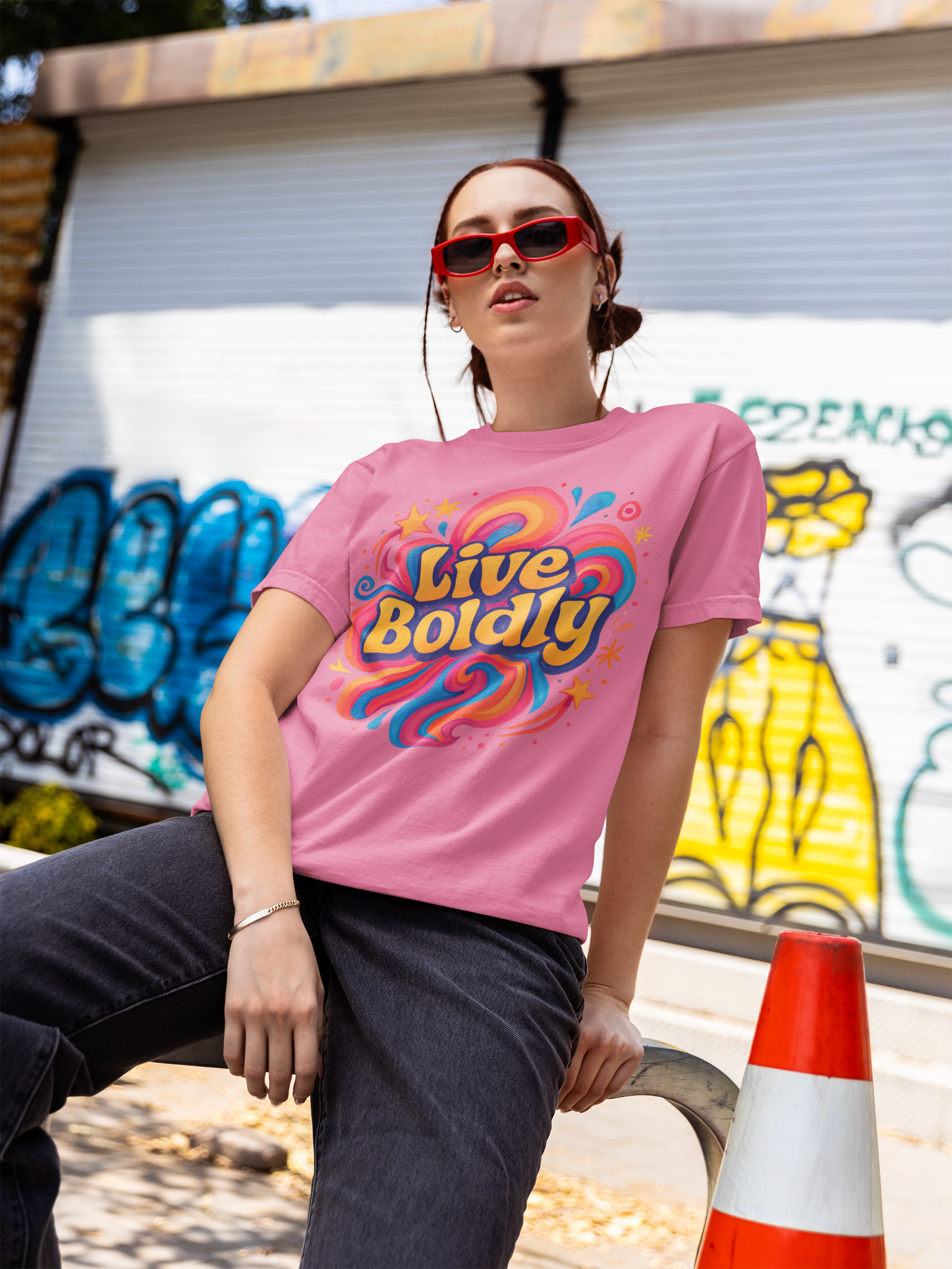 Person wearing a pink 'Live Boldly' t-shirt in front of a graffiti-covered wall.