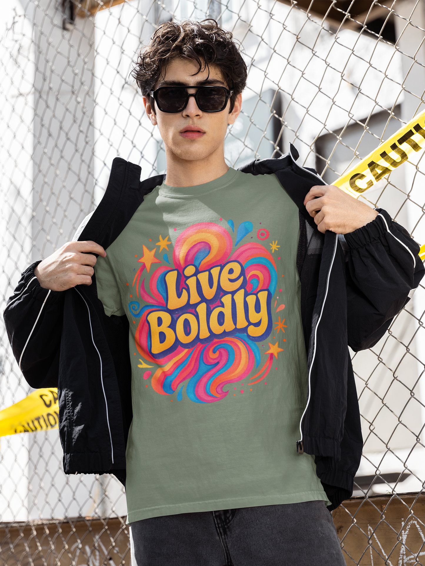 Stack of vibrant graphic tees, Live Boldly shirt visible on top, ideal gift idea.
