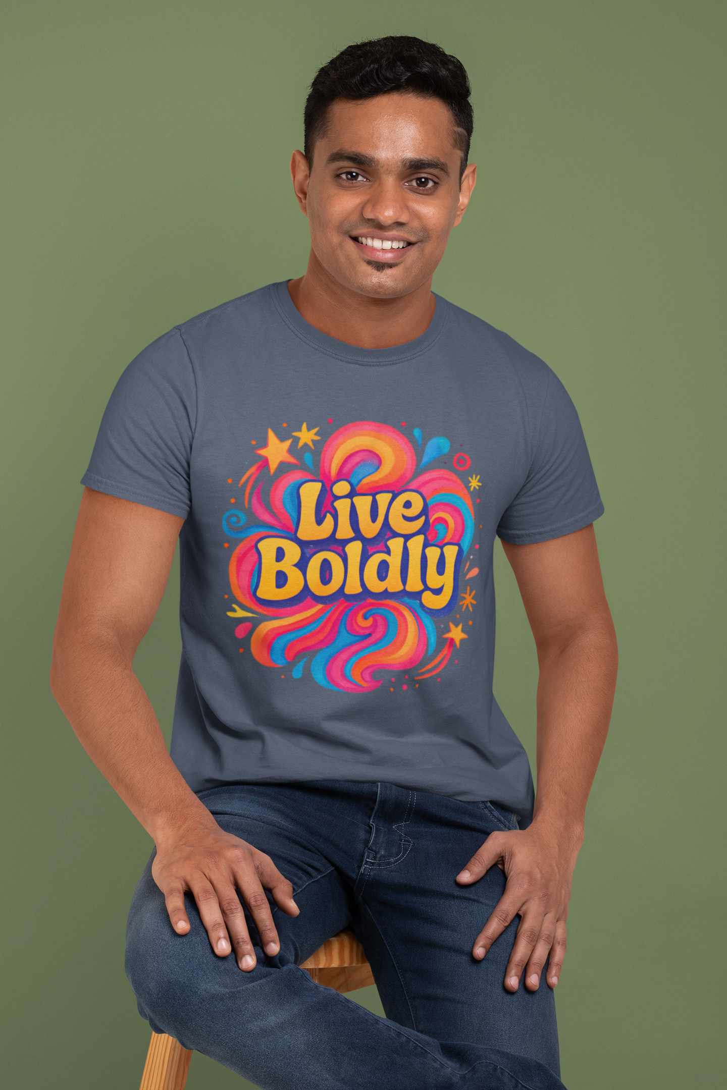 Man wearing the Live Boldly T-Shirt in a relaxed, active pose, high-quality cotton.
