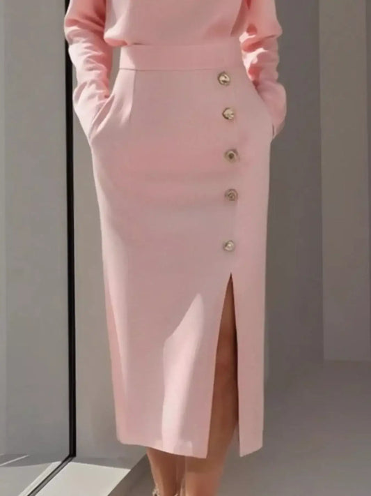 Long Sleeve Button Detail Midi Dress with Slit and Pockets