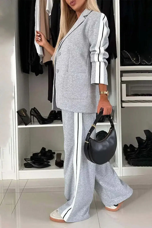 Contrast Lapel Collar Top and Pants Set
