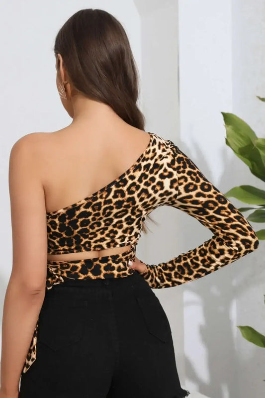 Leopard One Shoulder Cutout Crop Top Chic Going Out Blouse