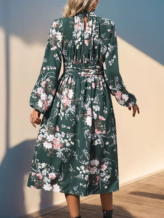 Dark green floral ruched waist long sleeve midi dress - side view